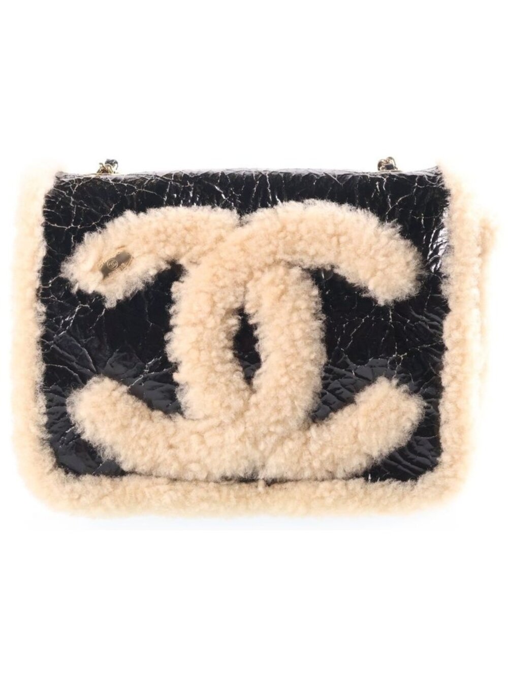Chanel CC Mania CC Logo Patent Leather Shearling Chain Shoulder Bag Gold Black